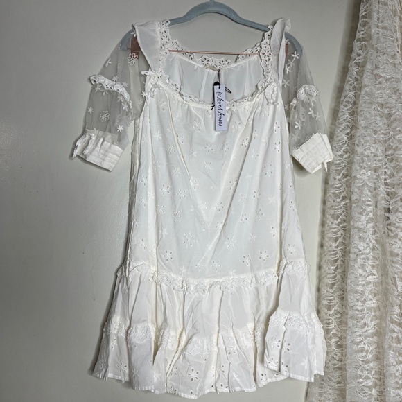 For Love & Lemons Hermosa Eyelet Cute Sweet Mesh Sleeve off Shoulder Dress - Picture 6 of 10